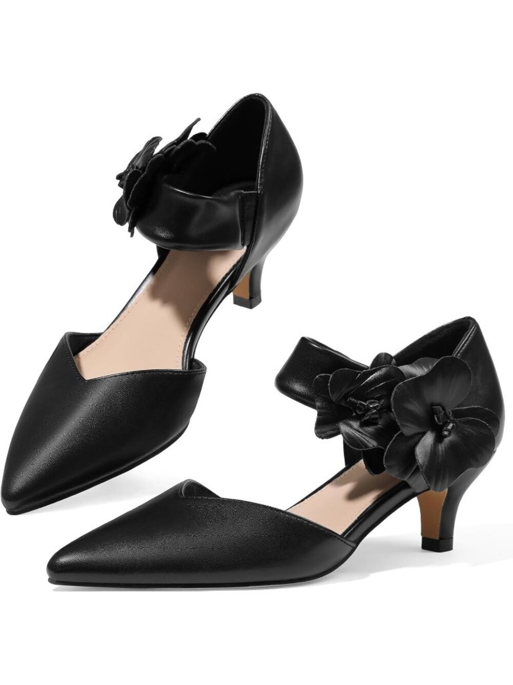 Women's Black Pu Low Kitten Heels Closed Pointed Slip On Ankle Strap Shoes